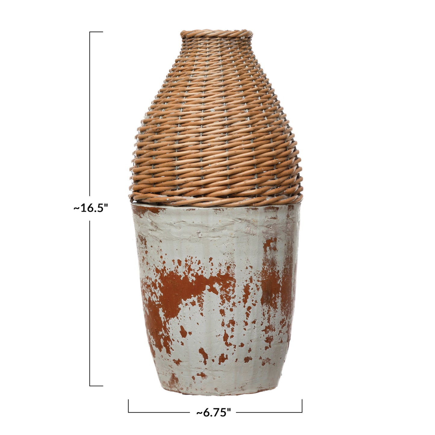 Distressed Hand-Woven Rattan and Clay Vase