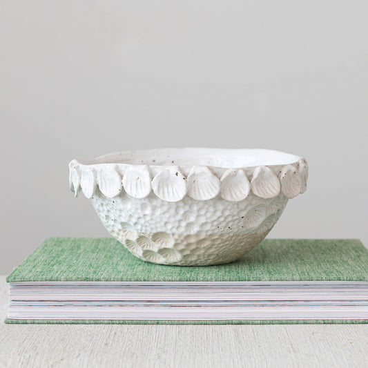 Stoneware Bowl w/ Embosed Shell Trim, Reactive Glaze