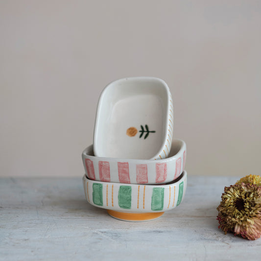 Hand-Painted Stoneware Dish w/ Stripes & Flower