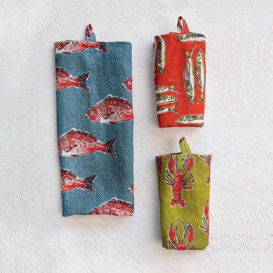 Linen Printed Tea Towel w/ Sea Life & Loop, Multi Color,
