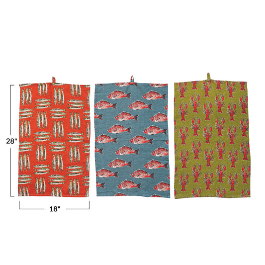 Linen Printed Tea Towel w/ Sea Life & Loop, Multi Color,