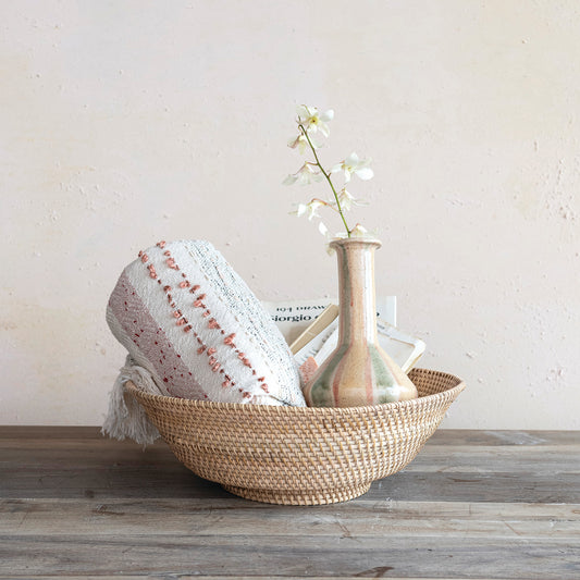 Decorative Hand-Woven Rattan Footed Bowl, Natural