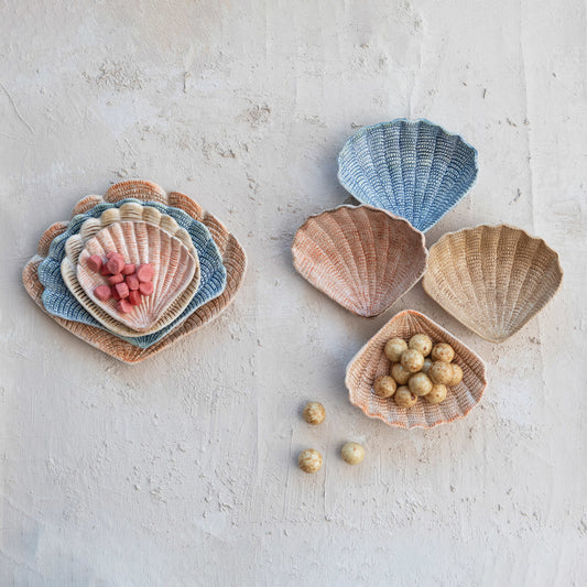 Hand-Painted Stoneware Shell Shaped Dish, 4 Colors, Set of 4