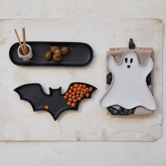 Stoneware Ghost Shaped Plate, Matte White & Black