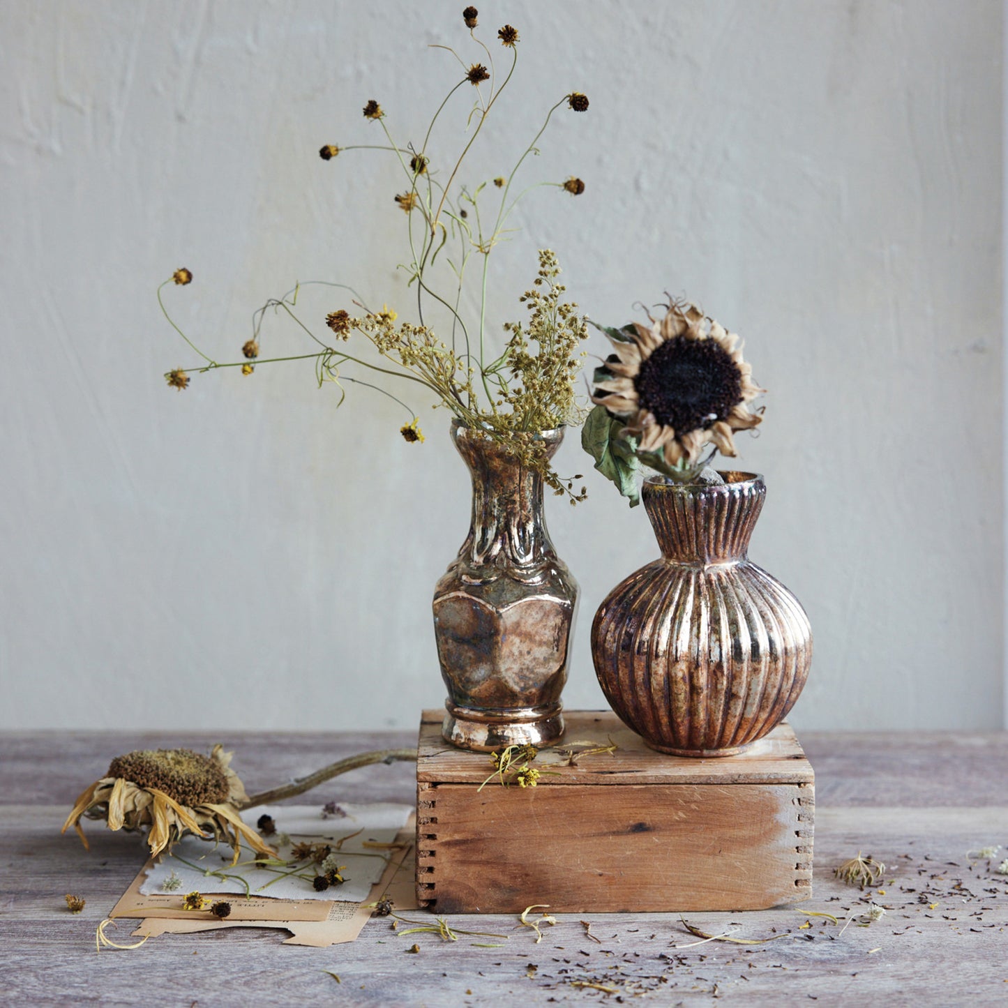 Mercury Glass Vase, Oxidized Silver Finish, 2 Styles