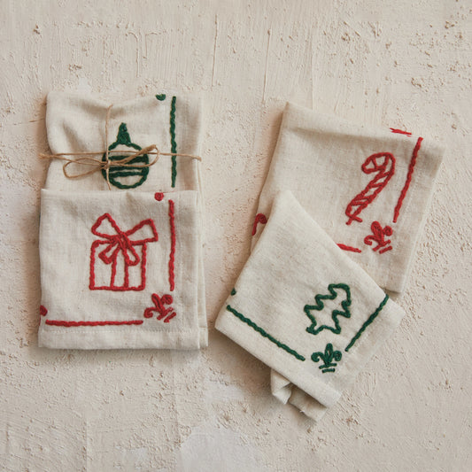 Linen Cocktail Napkins w/ Embroidered Holiday Icons, Set of 4