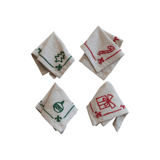 Linen Cocktail Napkins w/ Embroidered Holiday Icons, Set of 4