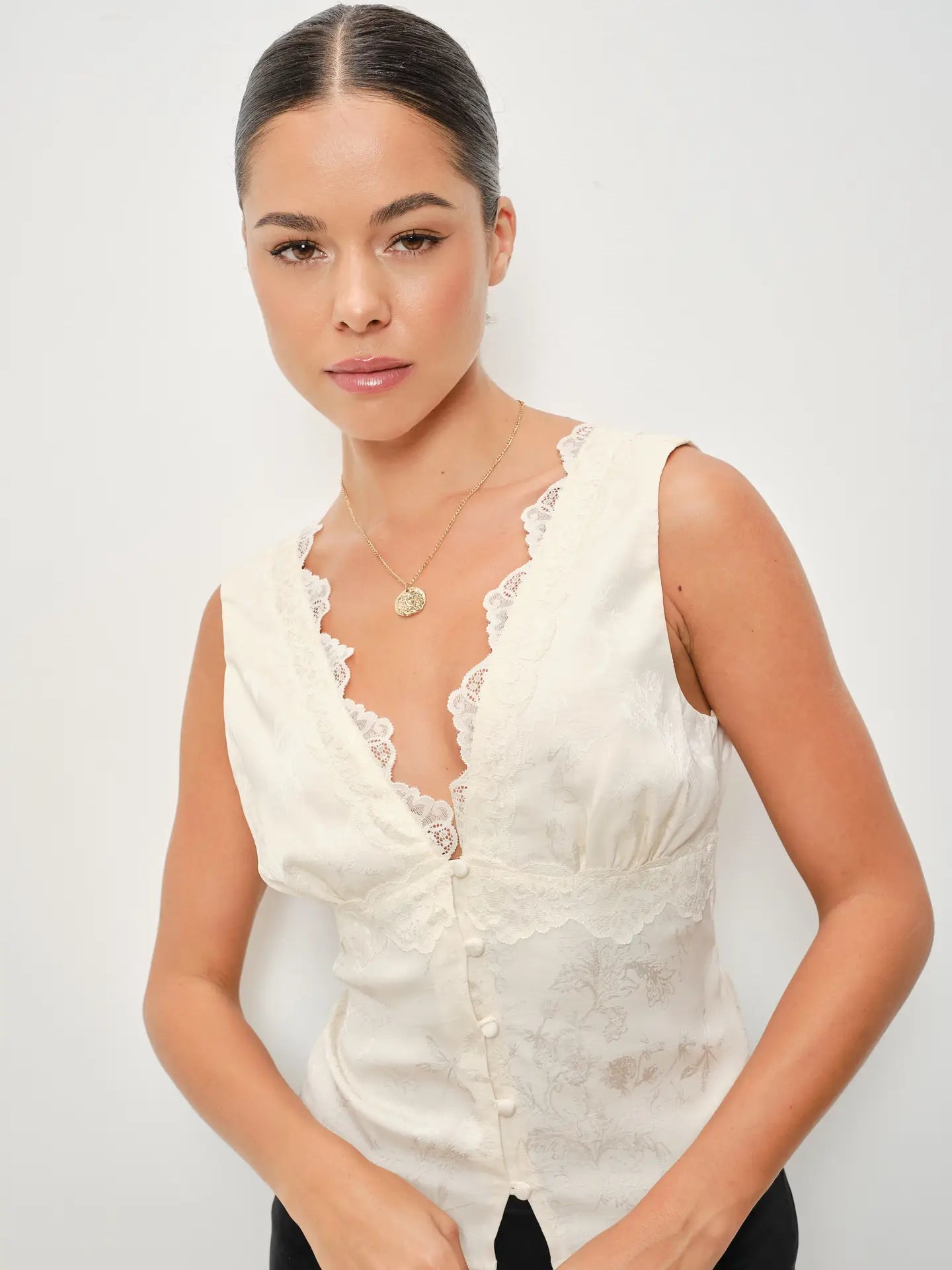 Mare Lace Trim V-Neck Satin Top