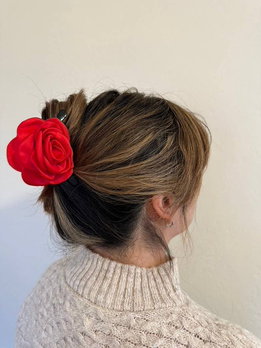 Big Satin Rose Flower Hair Claw Clip: Red