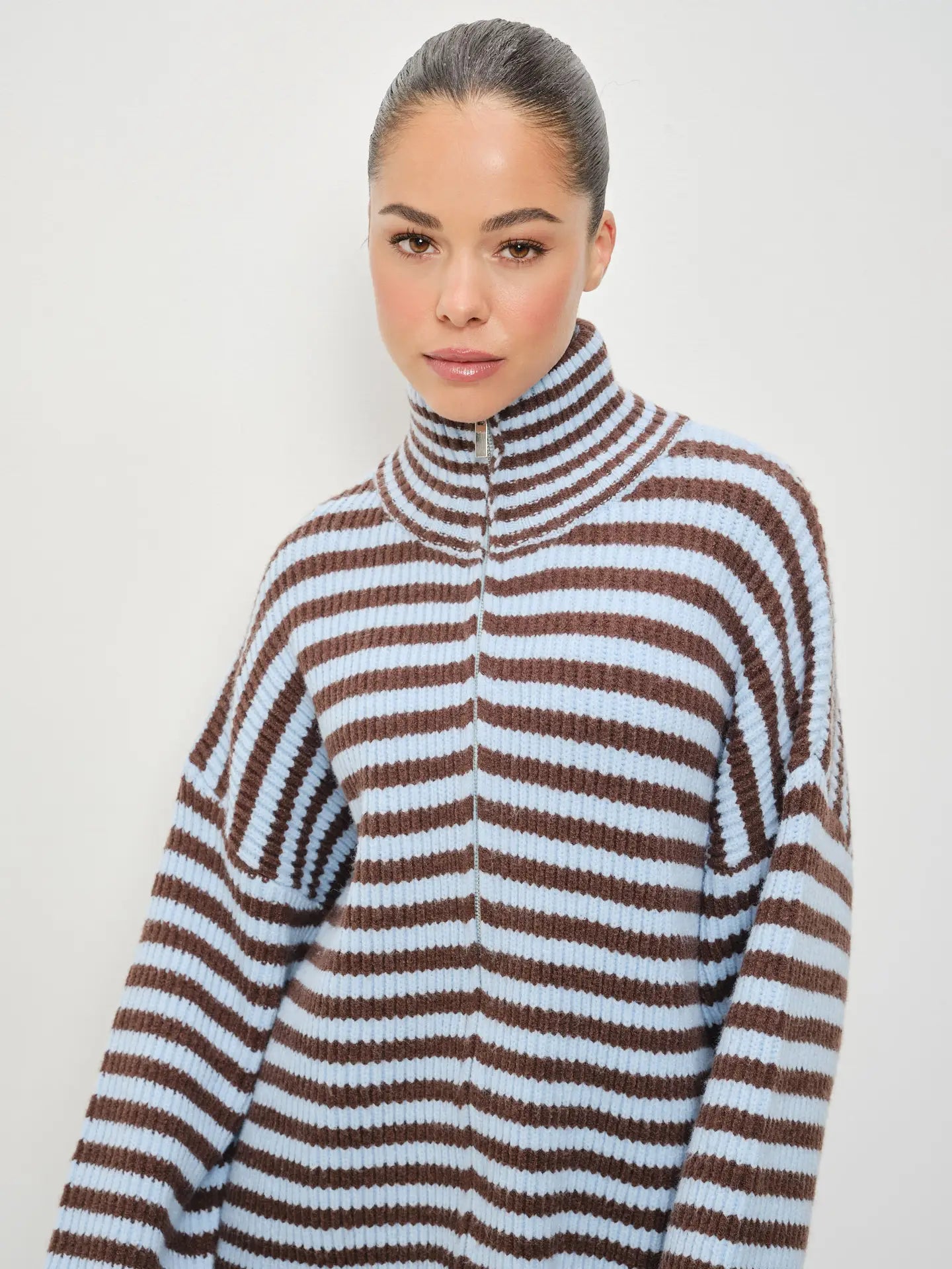 Lane Striped Mocked Neck Zip Up Jacket