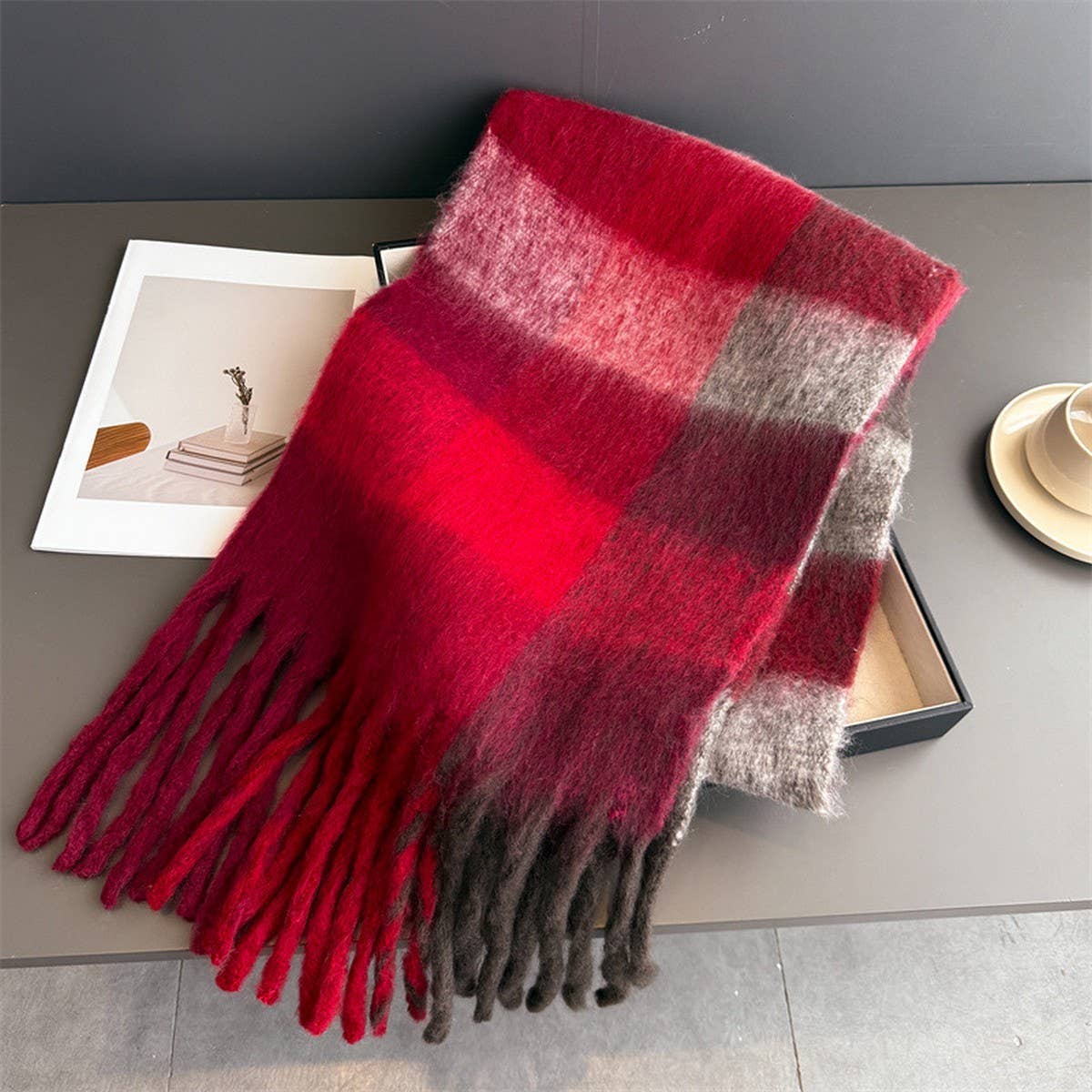Rainbow Plaid Tassel Scarf Thick Winter Wrap: WINE