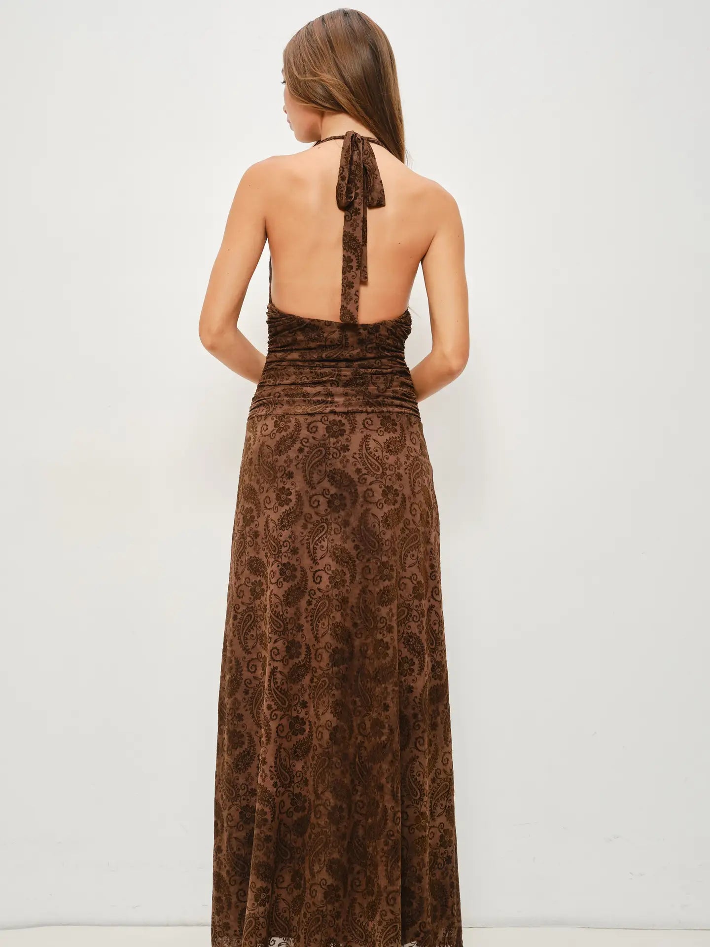 Sophie V-Neck Halter Paisley Printed Flocked Maxi Dress