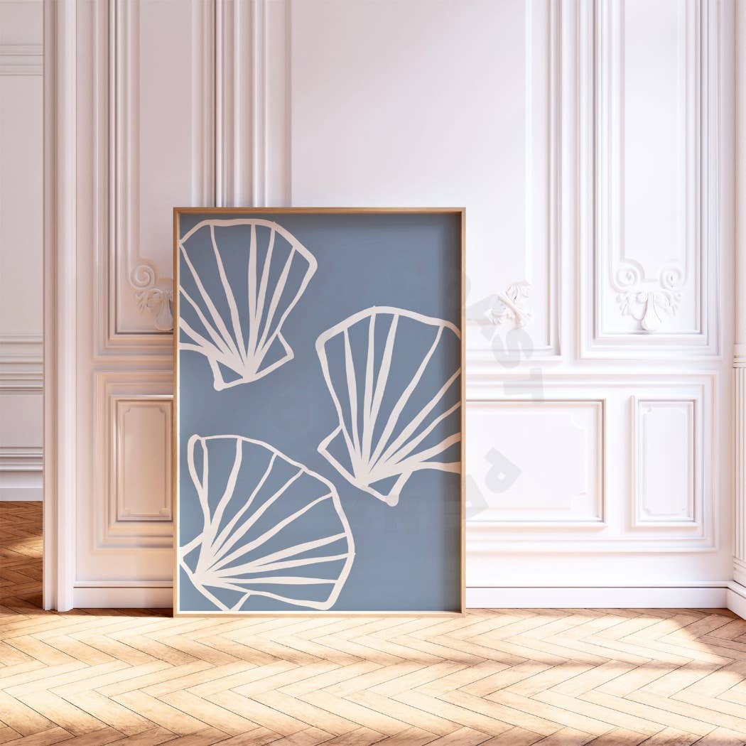 Hand Drawn Seashells Sketch Wall Art Coastal Blue Prints: 9" x 11"
