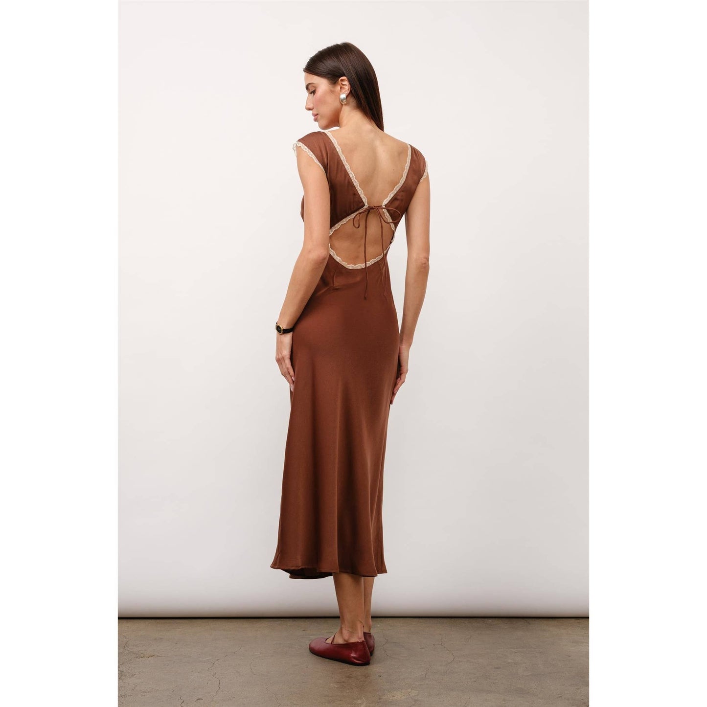 Valentina Tie Back Maxi Dress in Brown Satin