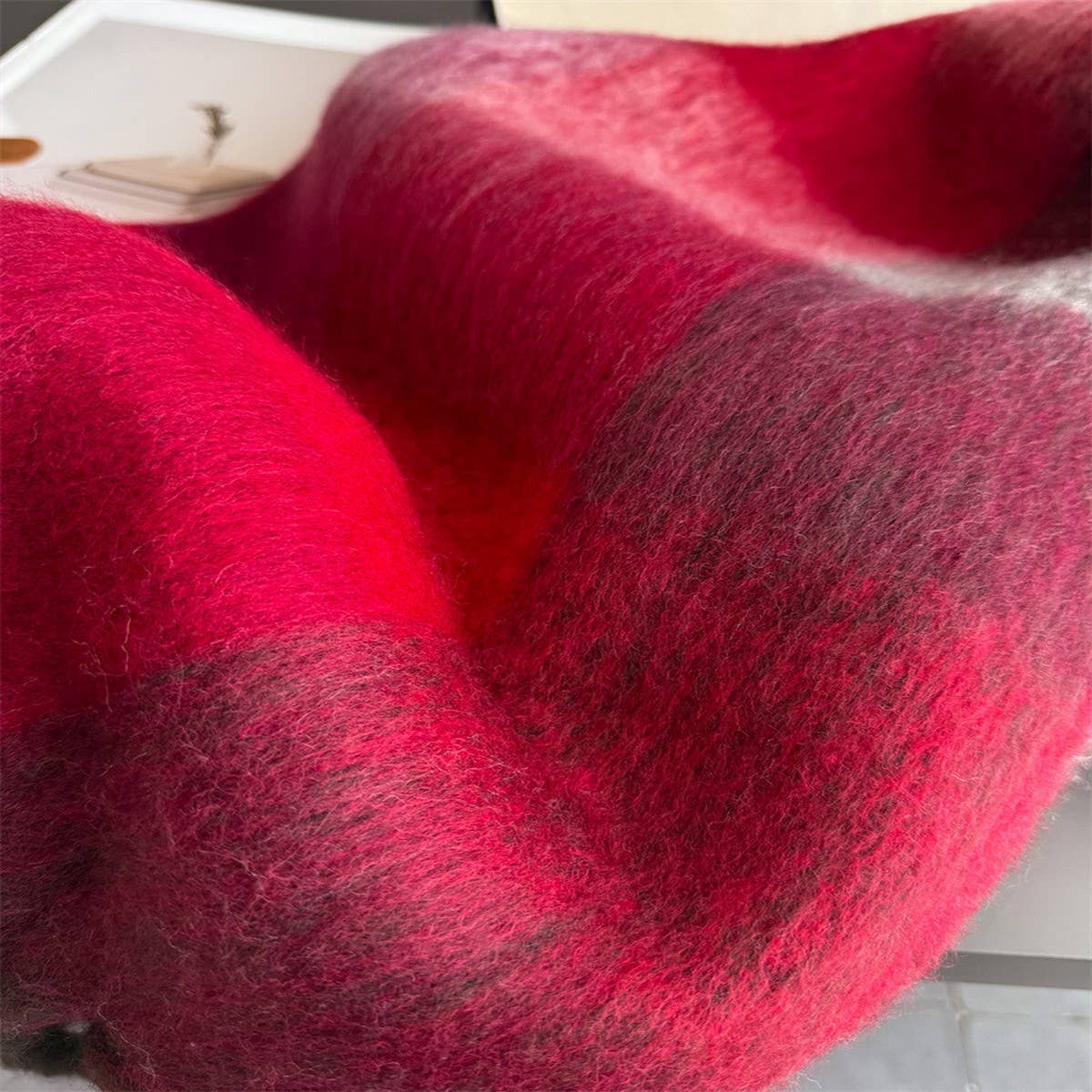 Rainbow Plaid Tassel Scarf Thick Winter Wrap: WINE