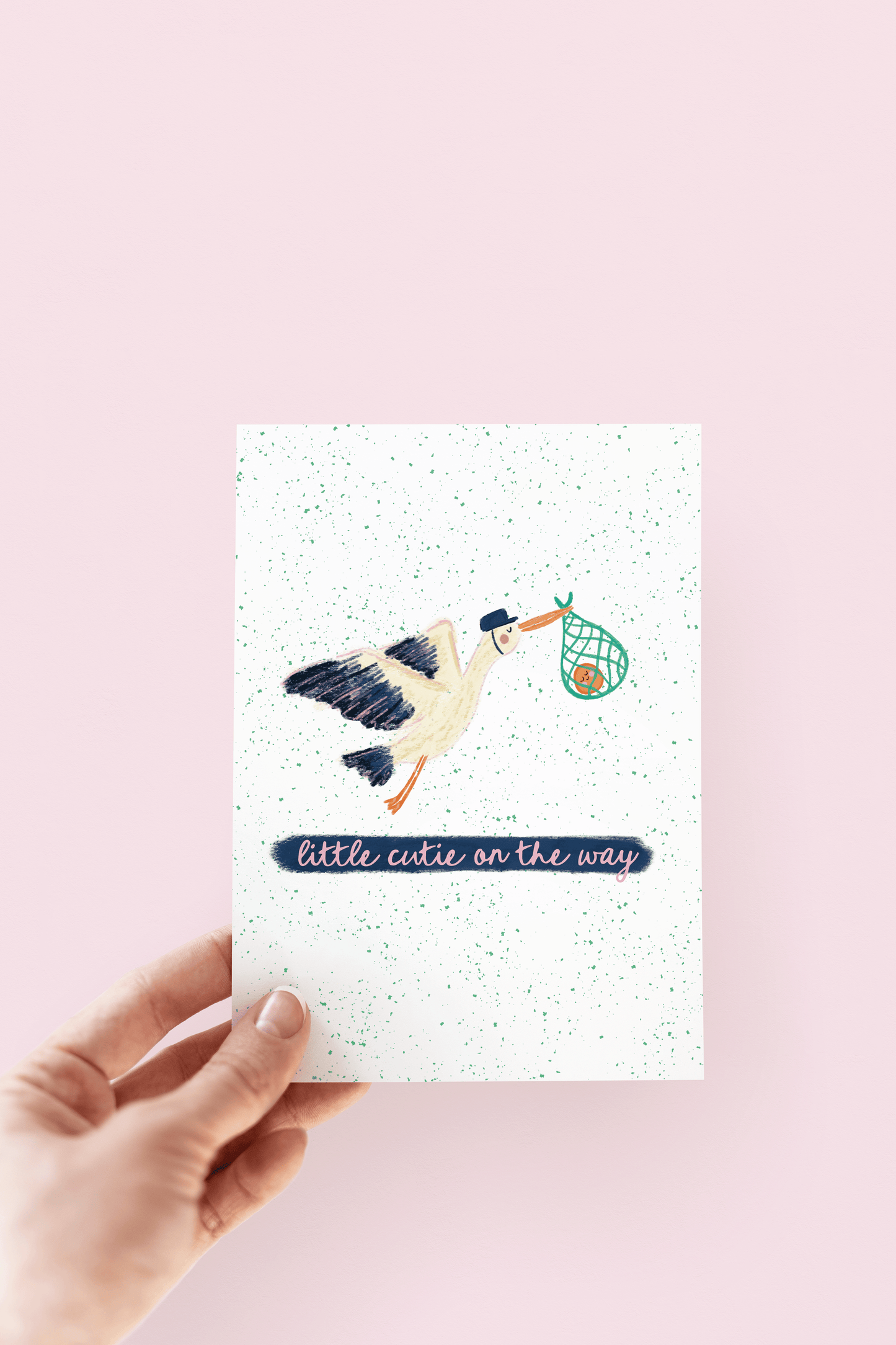 Little Cutie On the Way Stork Orange New Baby Greeting Card