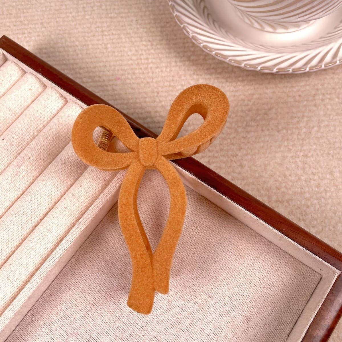 Solid Color Bow Flocking Hair Claw Clip: Red