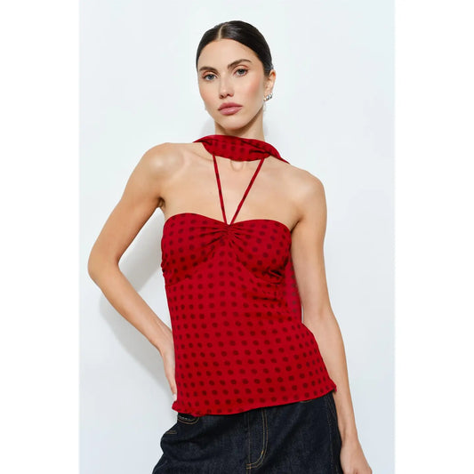 Corinne Red Polka Dot Chiffon Halter Top w/ Scarf
