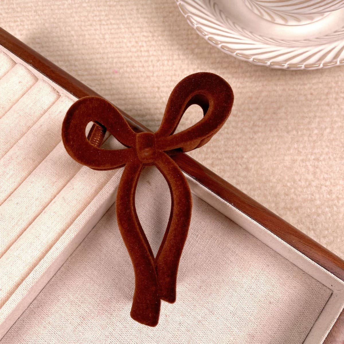 Solid Color Bow Flocking Hair Claw Clip: Red