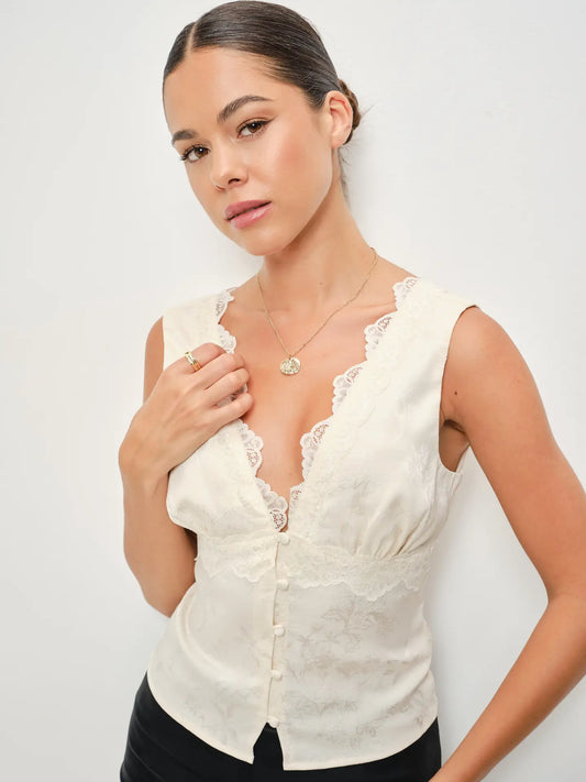 Mare Lace Trim V-Neck Satin Top