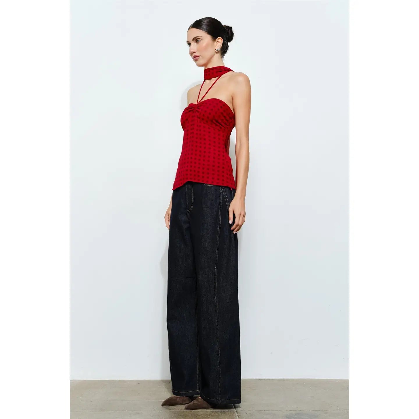 Corinne Red Polka Dot Chiffon Halter Top w/ Scarf