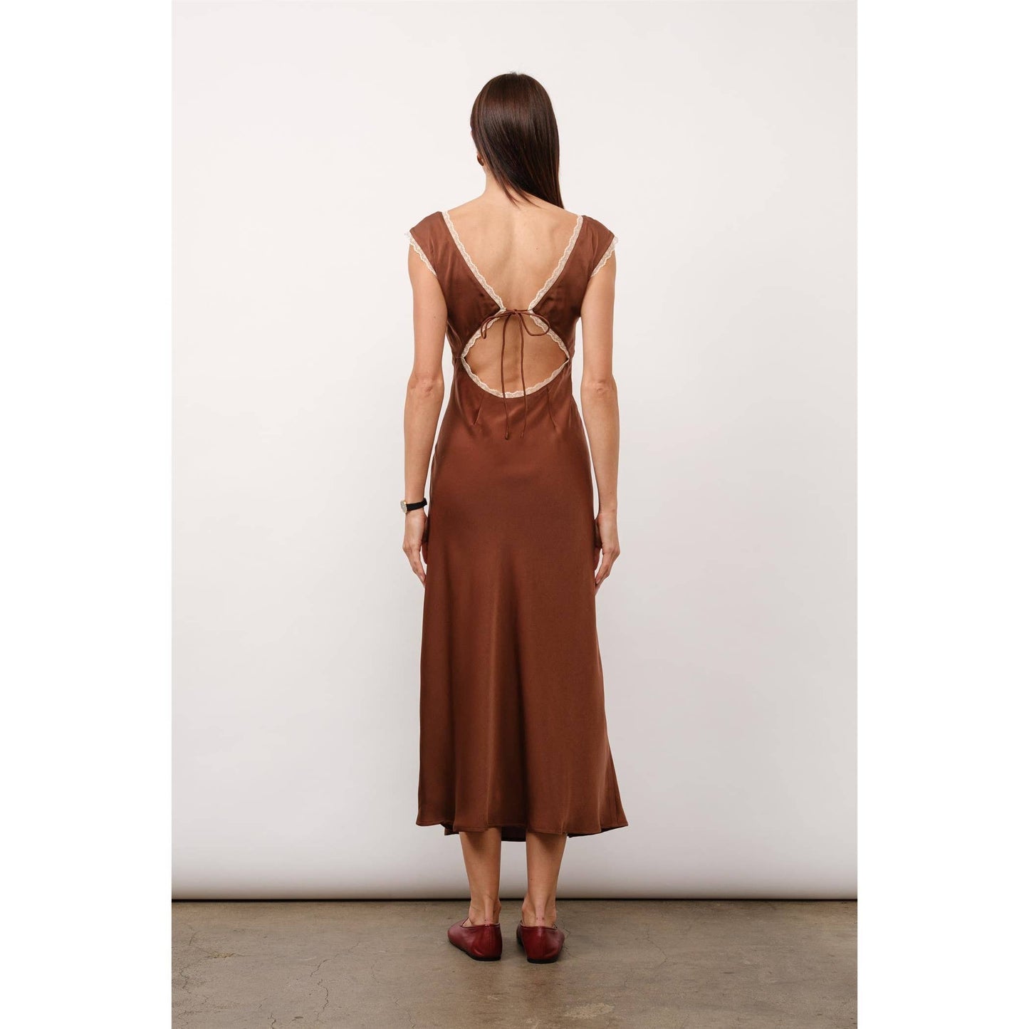 Valentina Tie Back Maxi Dress in Brown Satin