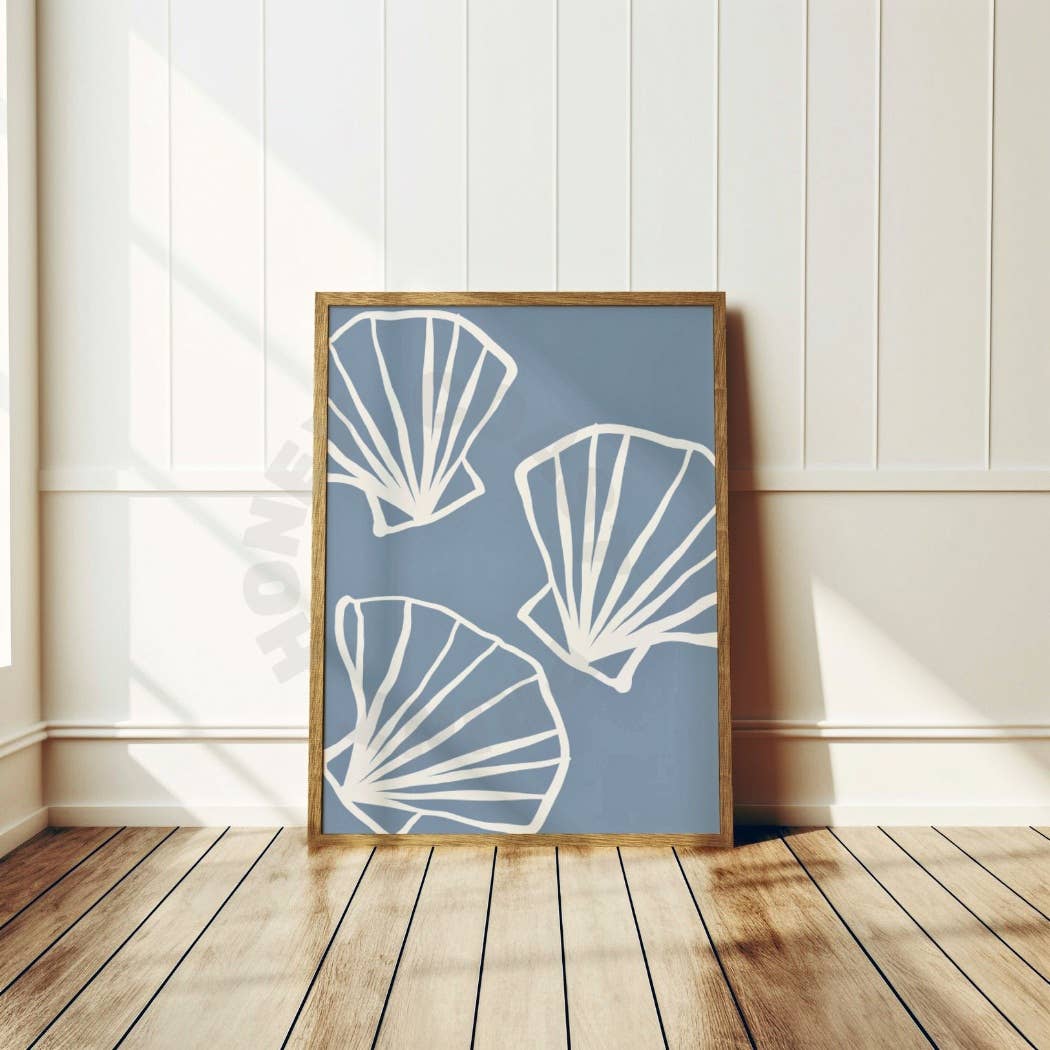 Hand Drawn Seashells Sketch Wall Art Coastal Blue Prints: 9" x 11"