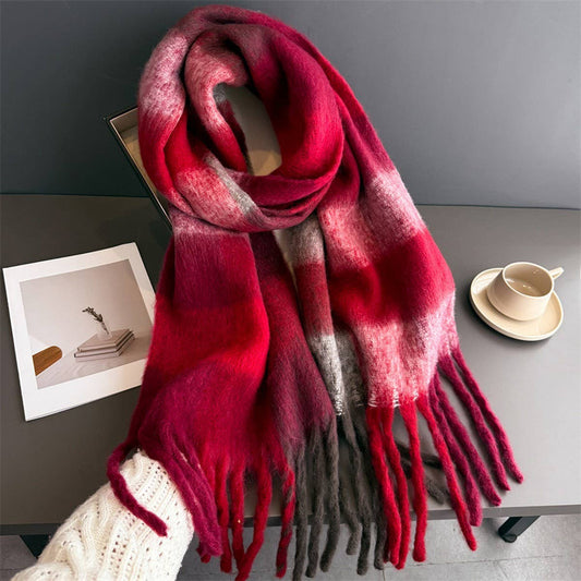 Rainbow Plaid Tassel Scarf Thick Winter Wrap: WINE