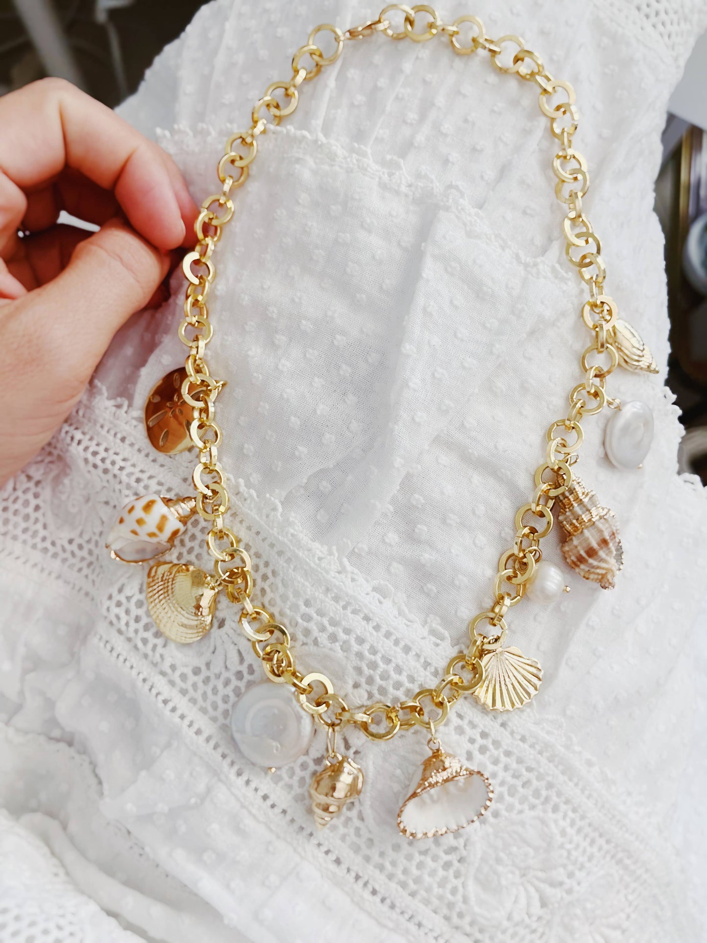 Seashells and charms summer statement necklace Made In US