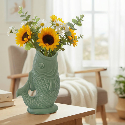 Textured Ceramic Fish Vase: Green