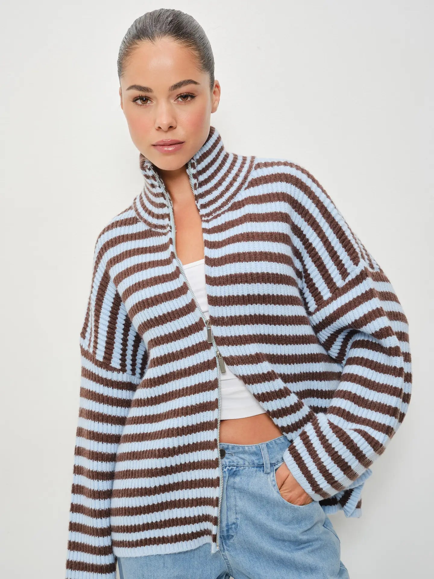 Lane Striped Mocked Neck Zip Up Jacket