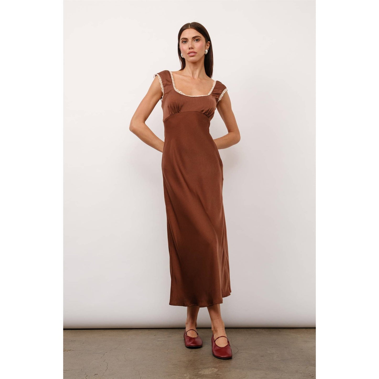 Valentina Tie Back Maxi Dress in Brown Satin