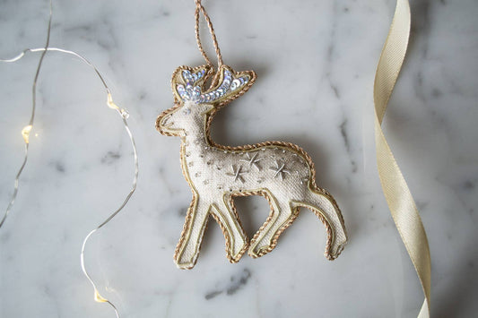 Handmade Reindeer Irish Linen Holiday Ornament