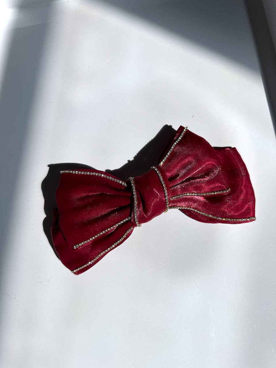 Diamond Embellished Organza Bow Hair Clip: Red