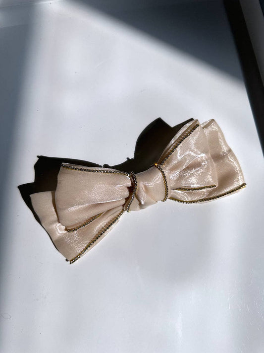 Diamond Embellished Organza Bow Hair Clip: Cream