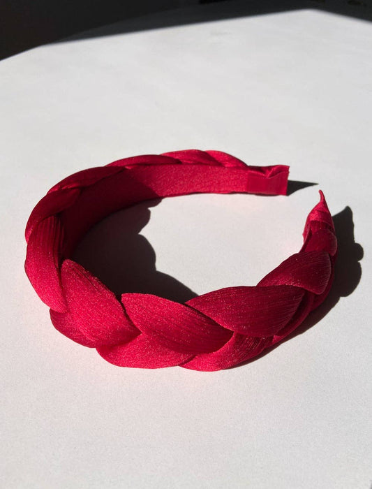 Braided Satin Puffy Headband: Red