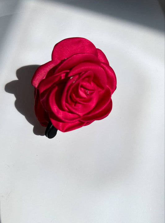 Big Satin Rose Flower Hair Claw Clip: Red